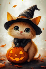 A cat wearing a witch hat sitting on top of a pumpkin