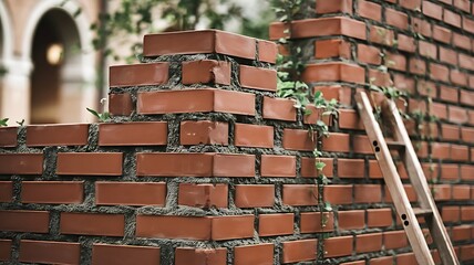 Close-up of a newly constructed brick wall with mortar.