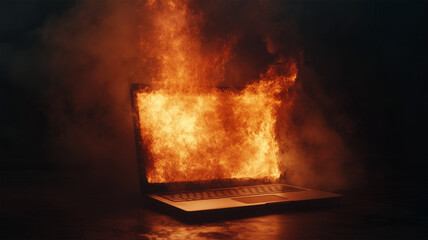 炎に包まれたシルバーノートパソコン