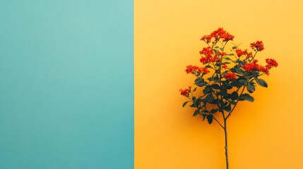 Vibrant red flowers on teal and yellow background.