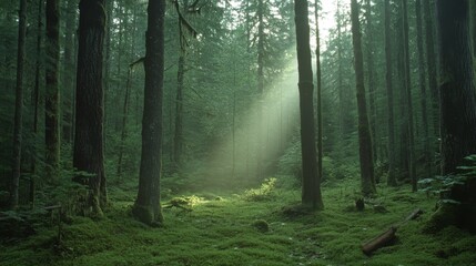 Obraz premium Sunlight filters through a dense, moss-covered forest, casting a magical glow on the lush greenery below, inviting exploration and serenity.