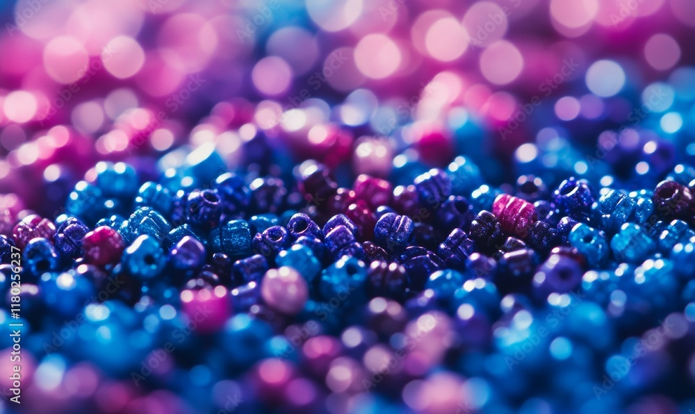 Sticker Chain of colorful beads is shown in a blurry image. The beads are in various shades of blue, purple, and pink, and they are scattered throughout the frame.