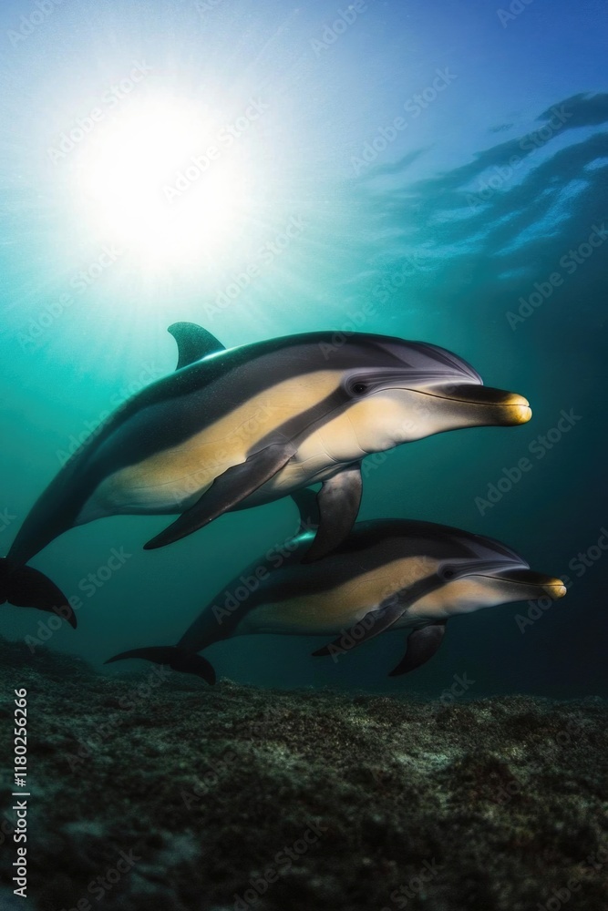 Poster a group of dolphins swimming together in the open ocean