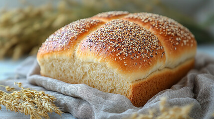 A lone loaf of bread wrapped in cloth, symbolizing tradition, with a blank caption space on the side and blurred chaos in the background, creating a contrast of simplicity and complexity.

