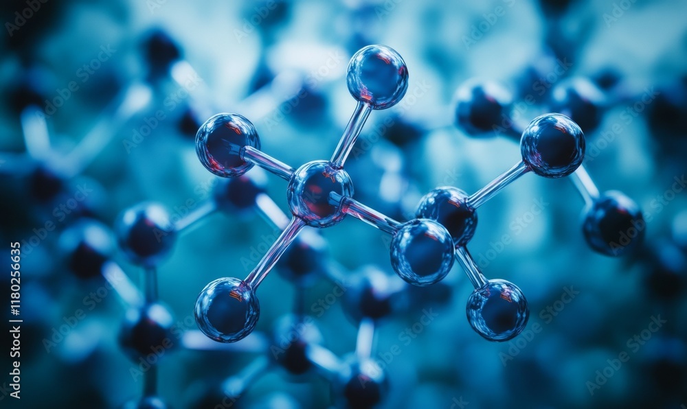 Poster close up of a molecule with a lot of dots surrounding it. the dots are scattered all over the image,