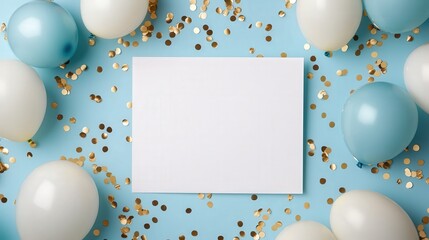 top-down view of a blank card surrounded by festive blue and white balloons
