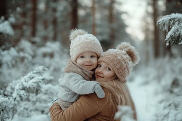 A mother holds her smiling child in a snowy forest, both dressed warmly in winter hats and coats. The serene landscape is adorned with snow-covered trees, creating a magical atmosphere