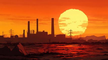 Sun setting over a barren landscape with an industrial plant in the background. Meadowfall. Illustration