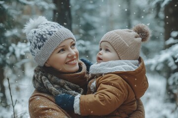 A cheerful mother holds her child in the snow-covered forest, both dressed warmly for winter. The atmosphere is magical with falling snowflakes and a joyful mood