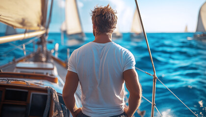  Fit man in his mid-30s, wearing white t-shirt, standing on sailboat deck enjoying a sea. Vibrant blue ocean and sailboats in background, sunlit atmosphere, embodying freedom, adventure, summer vibes.