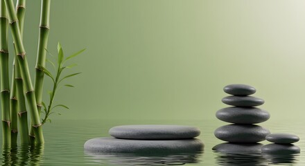 Zen bamboo platform with stone and water ripple for spa and natural wellness relaxation theme, Perfect for wellness marketing, spa visual, or mindfulness themed design