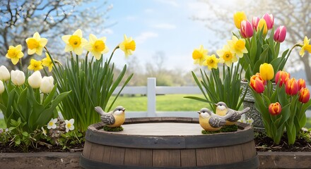 Vibrant spring garden scene with blooming daffodil and tulip flower, rustic wooden barrel and bird decor for seasonal outdoor decoration