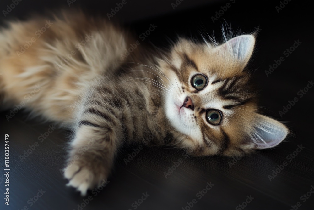 Poster a small kitten lying down on the edge of a black table