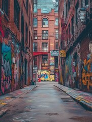 Fototapeta premium A photo of a graffiti-covered alleyway with colorful spray-painted walls.