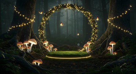 Mystical forest clearing with glowing mushroom and magical light ring for fantasy backdrop or creative storytelling