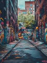 Fototapeta premium A photo of a graffiti-covered alleyway with colorful spray-painted walls.