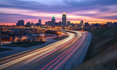 Fototapeta premium Cityscape at Twilight with Light Trails on Urban Highway