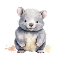 Obraz premium Baby wombat smiling and sitting on a rock, watercolor painting