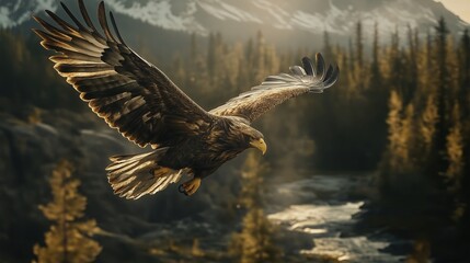 Fototapeta premium A large eagle is flying over a river with trees in the background