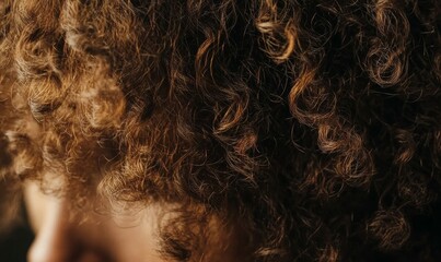 Naklejka premium Close up image of natural brown hair with curly texture, suggesting movement.