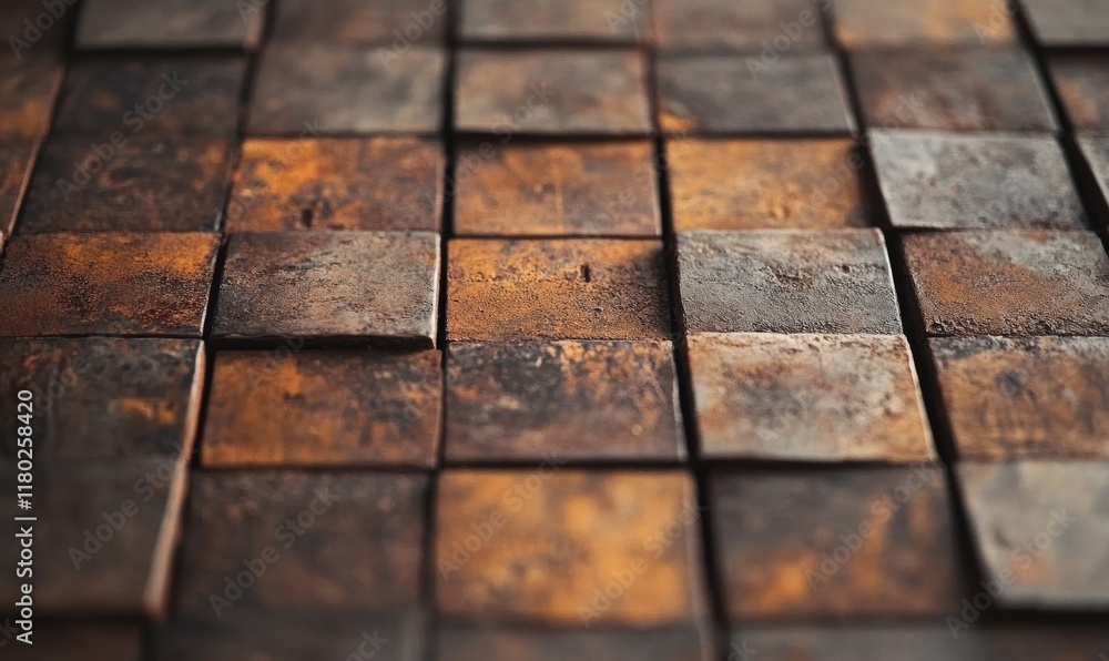 Poster close up of a metal surface with a pattern of squares. the surface is rusted and worn, giving it a v