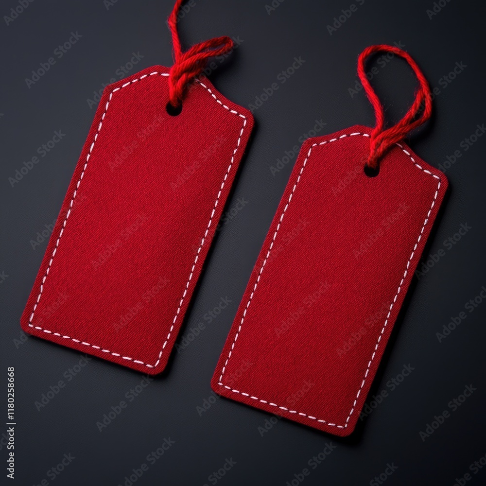 Aufkleber A pair of red tags suspended from a length of string, ready for use
