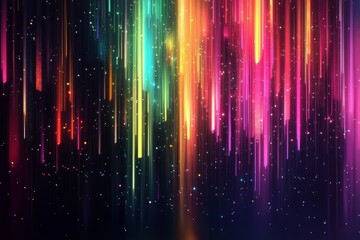 The image features vibrant vertical light streaks in neon colors, including pink, orange, green, and yellow, descending against a dark background with scattered sparkles, creating a futuristic and dyn