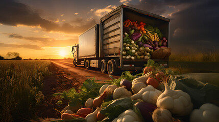Vintage truck carrying various types of vegetables in a field with sunset. Concept of food transportation, logistics and cargo.