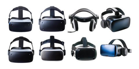 Various Virtual Reality Headsets on Transparent Background