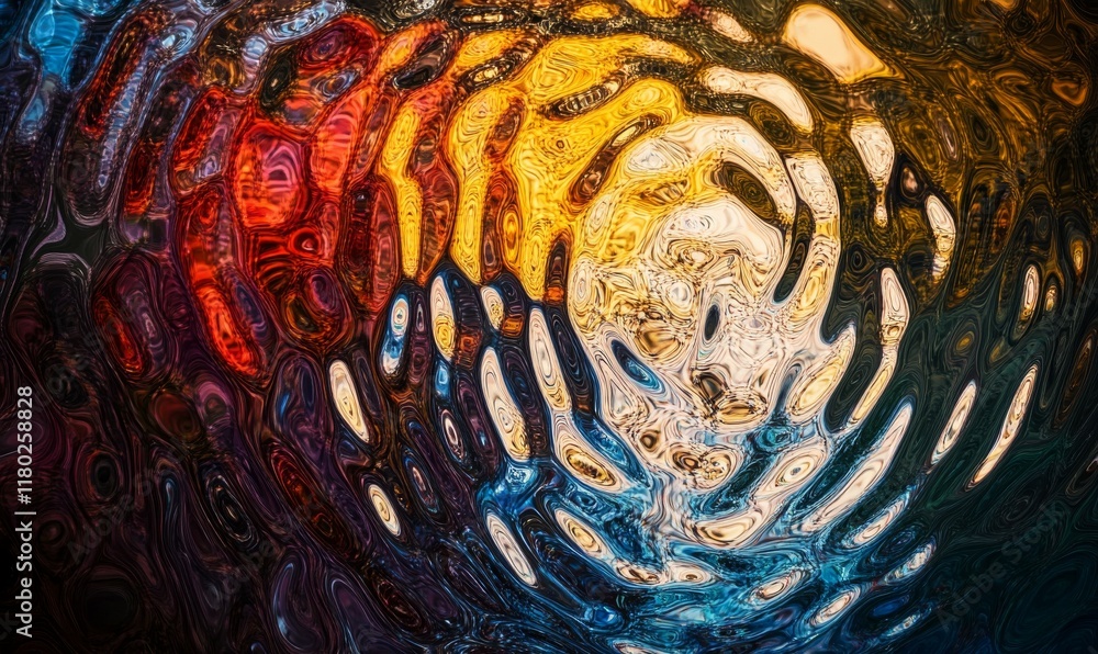 Poster artistic abstract design with swirling patterns in various colors, reflecting light in a futuristic 