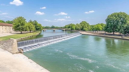 River flowing through city, dam, sunny day. Possible stock photo use.