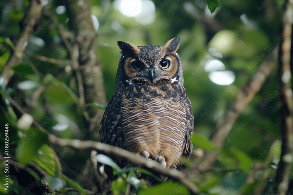 Poster a wise owl resting on a tree branch in a natural environment