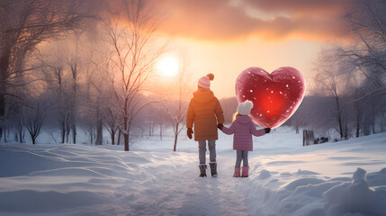 Young couple holding huge red Valentine heart in a snowy countryside. Concept of love, friendship, togetherness and happiness.