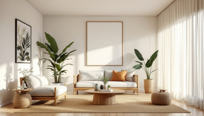 Japandi living room with a white sofa, a coffee table, and two potted plants.