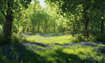 Obraz premium Beautiful spring panorama in a woodland forest with Bluebell carpet in foreground.