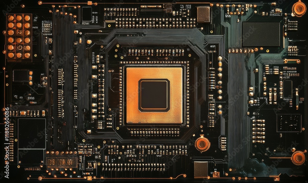 Poster close-up of high-tech circuitry against dark background, emphasizing modern electronics and light pa