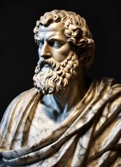 closup Roman statue of aristoteles black and white made of marble, artstation award winning, photorealistic, detailed, hyper vivid, fantasy, black background, gold datails