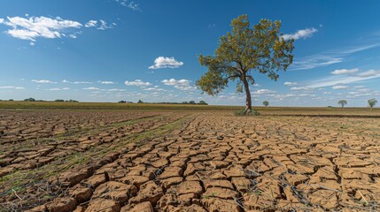 Resilient tree flourishing in dry desert terrain surrounded by cracked soil and sparse flora
