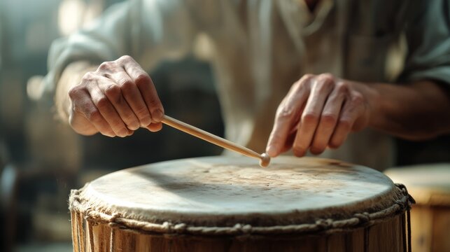 Close-up of hands expertly playing a drum, the light emphasizing skill and dedication in each rhythmic movement.