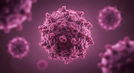 Microscopic 3D visualization of spherical virus with detailed spiked surface structure in a glowing pink and purple soft focus background for microbiology research and pathogen study illustration