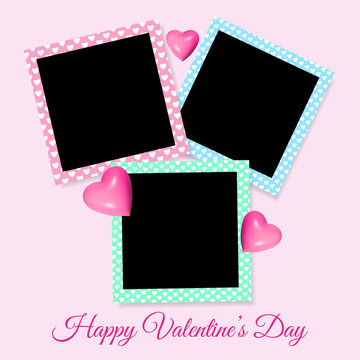 Set of photo frame mockup  scrapbook realistic with shadows and 3d hearts on pink background for Valentine's Day. Borders with different colors