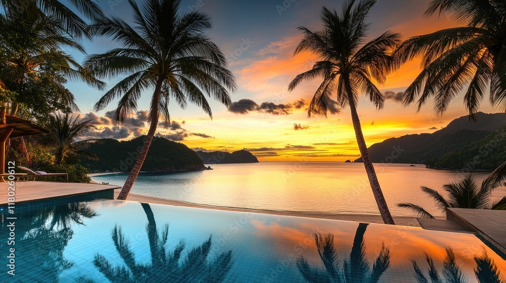 Poster a serene image of a swimming pool surrounded by palm trees at sunset