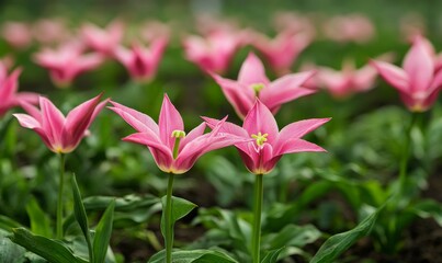Beautiful tulips flower in floral field in spring