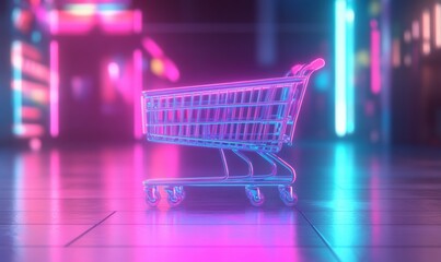 Colorful digital neon light shopping cart on floor with pink and blue hues.