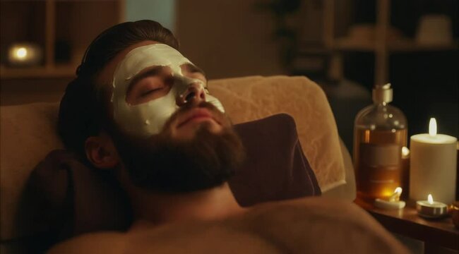 Man wearing a robe and a mask on his face. The man is sitting on a couch with candles and other items around him