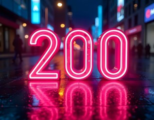 The number 200 illuminated in neon lights, set against a dark cityscape at night, with reflections visible on wet pavement, 200 pink light, 200 street light