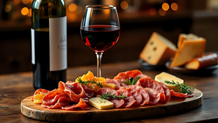 Antipasto con tagliere di salumi e formaggi e calice di vino - wine and snacks