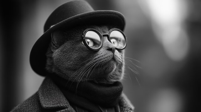 Whimsical Cat Detective with Glass and Hat, ideal for humorous and mysterious story illustrations