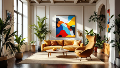 Modern art deco interior living room with a large abstract painting on the wall, a yellow sofa, a wooden coffee table, and several potted plants.