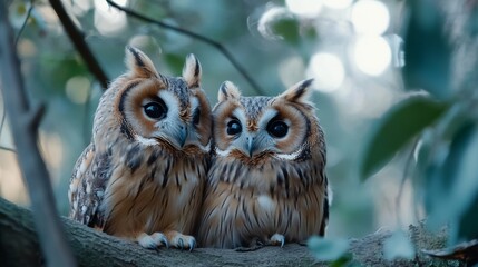 Two owls perch closely on a branch, showcasing their intricate feathers and alert gaze amidst a lush, blurred background.